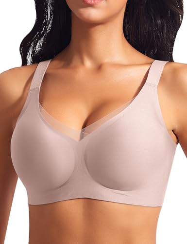 Ganado Sujetador sin Aros Encaje Sujetadores Mujer sin Costuras Push Up Relleno Bralette Comodos, Rosa, XL