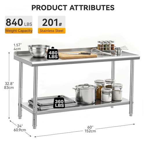 Image of DWVO 60x24in Stainless Steel Table with Backsplash | NSF Metal Prep Worktable for Kitchen Restaurant Hotel Garage Warehouse Home Commercial