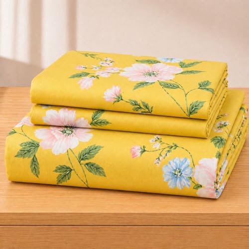Image of Castiqa Elastic Fitted Supersoft Premium Brushed Cotton 200TC King Size Bedsheets with 2 Pillow Covers (Fits Upto Mattress of 10 Inches) (King (72x78), Yellow Flowers)