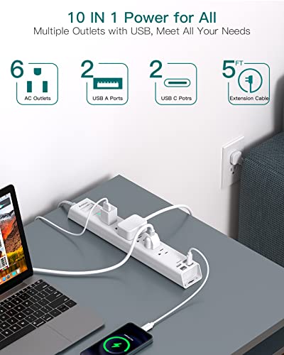 Image of Surge Protection with USB C - Extension Cable with 6 AC Outlets, 4 USB (2 USB C), Wall Mounted, 5 Feet, 900 J, Multiple Socket Extension for Home, Office