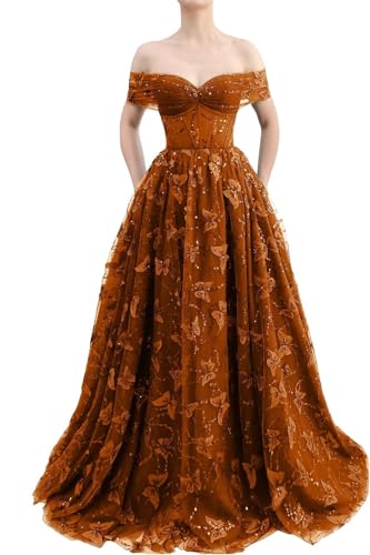 Sparkly Off Shoulder Tulle Prom Dresses with Butterfly Appliques Long A Line Formal Evening Party Gowns for Women