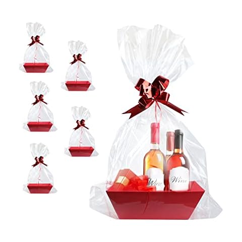 Basket For Gifts Empty, Bulk Gift Basket Red Market Tray Cardboard Basket With Handles, Hostess Packages, 10x7.5” Sturdy Market Tray Farmhouse Basket Cover