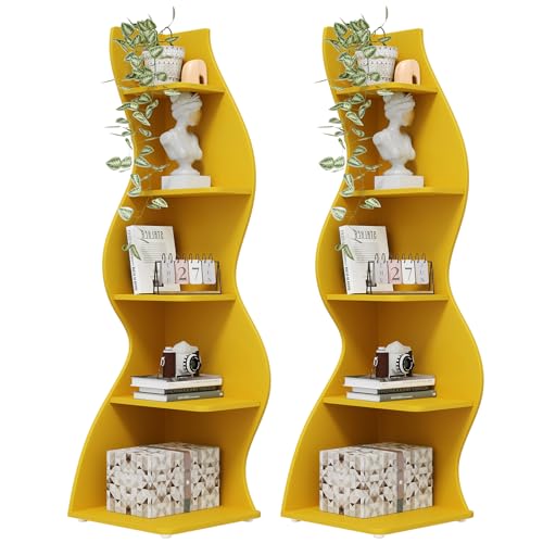 Image of Tribesigns Corner Shelf, Modern 5-Tier Wall Corner Bookshelf, Stylish Corner Small Bookcase Storage Rack Plant Stand with Unique Shape for Living Room, Home Office (Yellow, 2PCS)