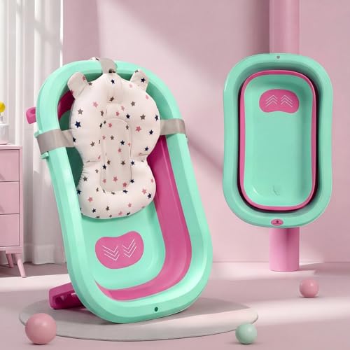 Image of StarAndDaisy Bath Tub for Baby 0-3 Years /Foldable Bath tub for Kids with Cushion, Space Saving Design, Newborn Baby Folding Bathing Tub Girls & Boys, Easy to Store -Green Pink