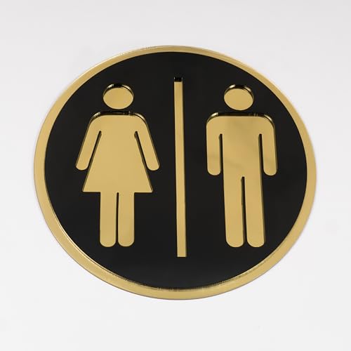 Image of Men & Women Round Acrylic Signage Sticker - Self Adhesive Black Gold Restroom Sign for Office, Cafe, Hotel, Restaurant & Commercial Spaces - Waterproof Premium Label