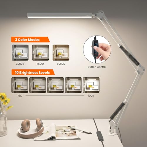 Image of Dyazo Overhead LED Desk Lamp with Long Adjustable Arm Clamp | Dimmable Table Light Includes 3 Color Modes & 10 Brightness Levels | 12W Lighting for Study, Reading, Crafting with Memory Feature (White)