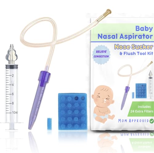 Image of Baby Nasal Aspirator for Stuffy Nose, Baby Nose Sucker with Extra Hygiene Filters (Nose Sucker, Saline Syringe, 24 Filters), Purple
