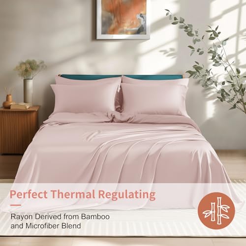 Image of Shilucheng 6 Piece Queen Sheet Sets, Cooling Sheets, Blend Rayon Derived from Bamboo, Deep Pocket Up to 16 inch, Breathable & Soft Bed Sheets, Hotel Silky Bedding Set, Light Pink