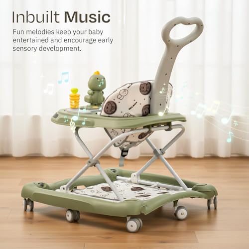 Image of Baybee 3-in-1 Convertible Baby Walker for 6-18 Months with Rocking Mode, Removable Toy Bar, Inbuilt Music, 3-Level Height Adjustment, Smooth Wheels & Parental Handle | Foldable Infant Activity Walker with Cushioned Seat (Green)