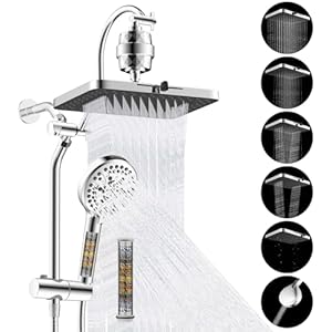 Hibbent 5-spray Filtered Rainfall Shower Head Combo, High Pressure 13'' Showerhead with 10 Spray Modes Handheld, All Metal 3 way Diverter Shower Arm, 71'' Hose and Holder, Chrome Square 13"