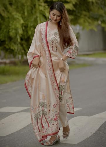 Image of VredeVogel Women's Beads Embroidered Silk Blend Kurta Pant Set with Organza Dupatta | Perfect for Festive & Casual Ethnic Kurta Set for Women