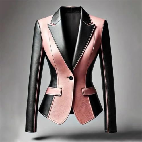 Women Faux Leather Blazer Colorbloack Notched Lapel Single-Button Long Sleeve Pu Jacket2