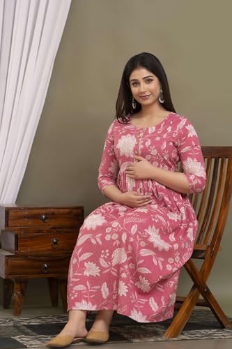 Image of Maternity Feeding Kurtis for Women Cotton - Zip Access Nursing Dress | Comfortable Pregnancy Wear | Stylish Feeding Kurti | Soft Cotton Maternity Dresses for Womens