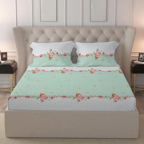 Image of LOOMLYFE 300 TC Cotton Feel Glace Cotton Elastic Fitted Printed King Size Double Bed Bedsheet with 2 Pillow Covers Fits Upto 8 inches Mattress, Size- 72X78 Inches, Green Center Flower