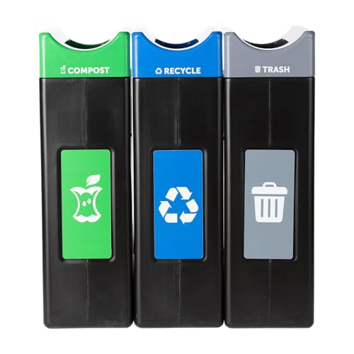 Avante™ Series Made in The USA, Black Triple-Stream,Trash, Recycling and Compost Center, 3-30-Gallon Narrow Units, Open Top, Liners Included