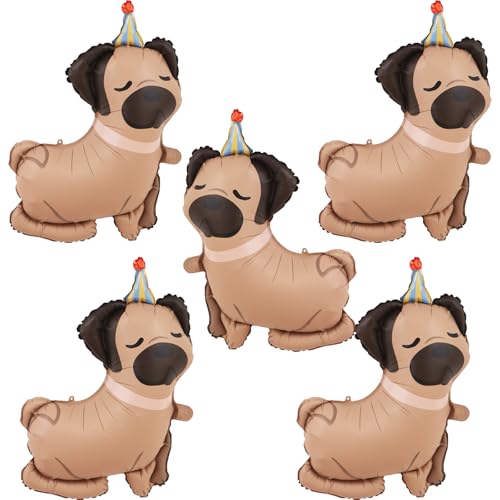 5Pcs Dog Birthday Balloons Pug Shaped Puppy Dogs Foil Mylar Balloons for Pet Puppy Dog Animal Birthday Lets Pawty Themed Pet Party Decoration Supplies