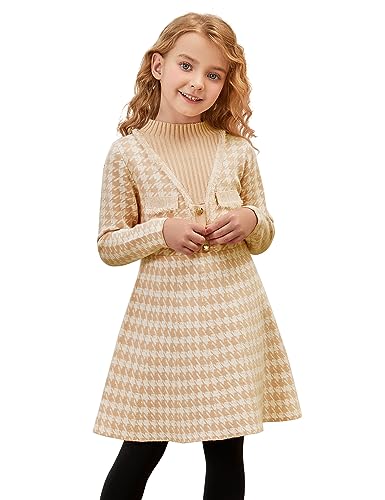 Jxstar Girls Knitted Sweater Dresses Kids Houndstooth Flare Winter Dress