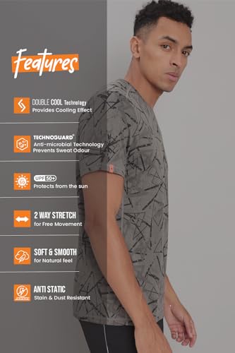 Image of TECHNOSPORT Men Polyester Regular Fit Half Sleeve Jacquard T-Shirt with Double Cool, Quick Dry & Anti Microbial for Sports, Running & Casual Use