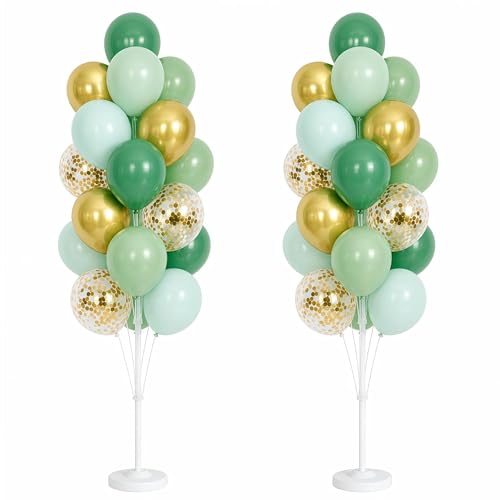 Image of Hiins Balloon Column Kit Set of 2 With Balloons Included - with Base,Pole,Balloon Tower Backdrop Decoration for Wedding, Baby Shower,Birthday Party,Bachelorette Parties (3xJade Green Gold)