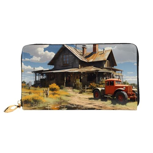 Leather Women Wallets, Long Credit Card Holder, Texas Farm Tractor Print Billfold Clutch & Travel Purse Large Capacity