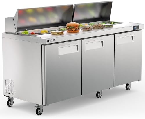 Coolski 72.7’’ Commercial Sandwich Salad Prep Table, 3-Door Refrigerator Fridge Cooler for Restaurant Bar, 22 Cu.Ft. Large Capacity Fan Cooling Stainless Steel, ETL NSF Approved