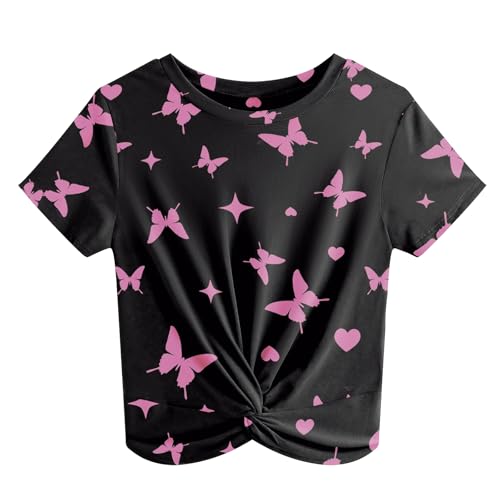 JINKESI Women's Summer Causal Short Sleeve Blouse Round Neck Crop Tops Twist Front Tee T-Shirt Black Pk Butterfly-S