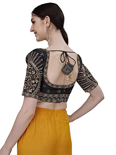 Image of Pujia Mills Mills Women's Fancy Readymade Heavy Coding Embroidary Worked Half Sleeve Multicolor Saree Blouse(Mushroom)