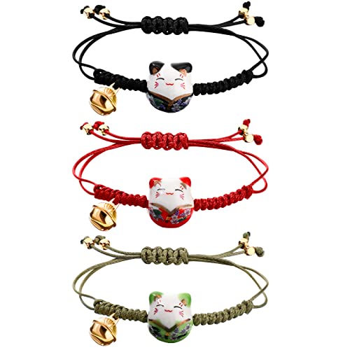 Sureio 3 Pieces Cat Maneki Neko Bracelet Cute Lucky Cat Ceramic Beads Bracelet Lucky Japanese Fortune String Hand Chain with Bell, Adjustable(Green, Black, Red)