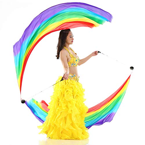 2Pcs Silk Veil + 2Pcs Poi Chain Ball Women Belly Dance Poi Streamer Throw Ball Stage Props(Rainbow)
