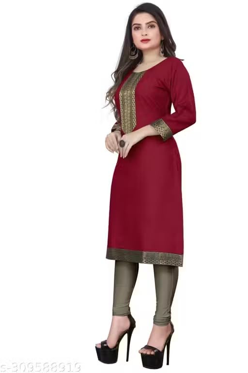 Image of Women Straight Woven Design Cotton Blend Round Neck 3 /4 Sleeve Kurti Only