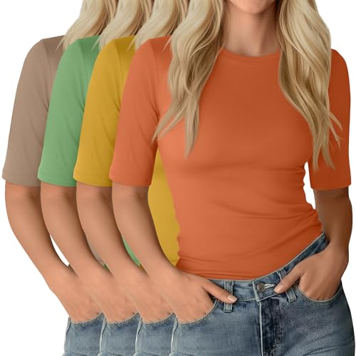 T-shirt basique femme col rond lot de 4 haut ajusté manches coude Neer