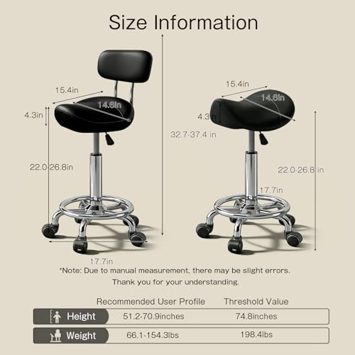 Image of Saddle Stool with Back and Ring Pedal, Adjustable Hydraulic Rolling Chair with Wheels for Salon, Spa, Medical, Massage & Drafting Use Black
