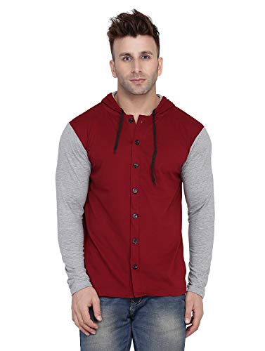 Image of Geum Men's Full Sleeve Hooded T-Shirt with Button-Down Front | Casual Slim Fit Cotton Shirt-Style Tee