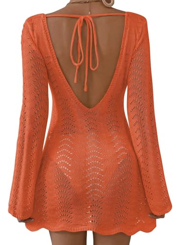 Falechay Swimsuit Coverup For Women Womens Cover Ups For Swimwear Bikini Bathing Suit Boho Mesh Crochet Coverups Cover Up Beach Vacation Essentials Backless Womens Cute Resort Summer Outfits Orange M