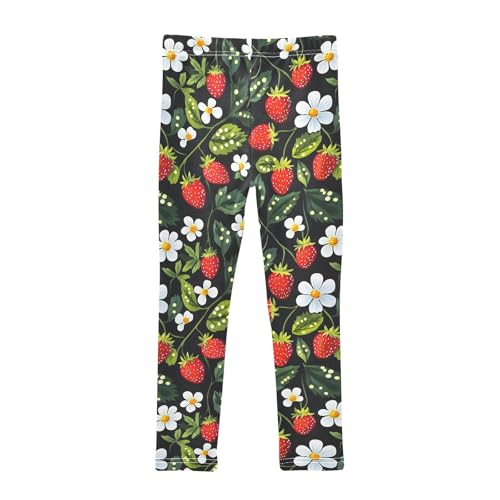 Strawberry and White Flower A Girls Leggings Athletic Pants Tights Stretch Bottom2