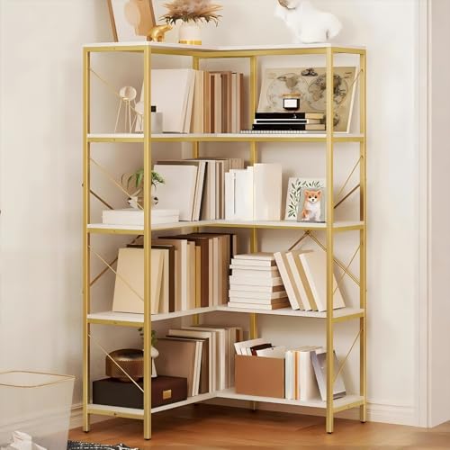 DWVO Corner Bookshelf, 5-Tier L-Shaped Bookshelf Storage Organizer, Tall Corner Bookcase Open Display Freestanding Storage Rack for Living Room, Home Office, Gold