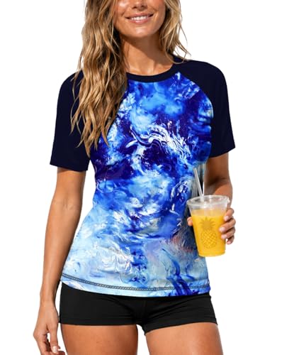 Image of AOBUTE Women Short Sleeve Rash Guard UPF 50+ Tropical Sun Protection Floral Swim Shirts