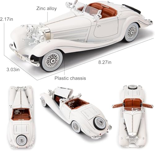 Image of 1:24 Benz 500K Toy Car Model, Diecast Collectible Pull Back Model Car with Sound and Light, Retro Classic Car Toy Gift Vehicles for Adults, Kids, Boys, and Girls (White)