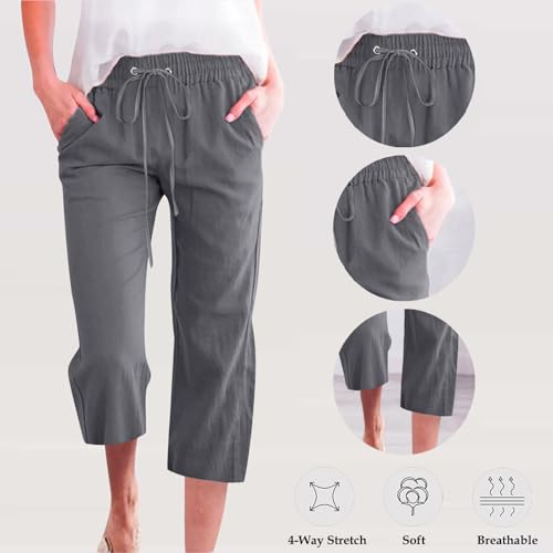 Capri Pants for Women Casual Summer Cotton Linen Capris Drawstring Elastic High Waist Pants Wide Leg Cropped Trouser 2025 New2