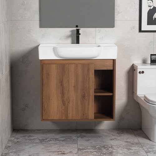 Image of 24 inch Bathroom Vanity with Ceramic Sink, Modern Wall-Mounted Bathroom Vanity with Soft-Close Door & 2 Open Storage Shelves for Home, Farmhouse, Undermount Storage Cabinet, Easy to Clean, Brown