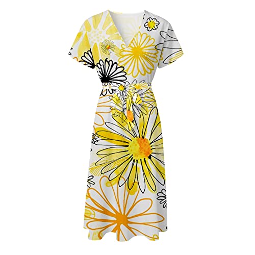 Howstar Vestidos de praia para mulheres, vestido midi de verão com decote em V, manga curta, amarrad