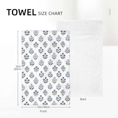 Image of Blue Sage Green Block Print Spring Floral Kitchen Towels Vintage Flower Dish Towels, 16x24 Inch Farmhouse Summer Holiday Decoration Absorbent Hand Towels for Kitchen Drying Decor Set of 2