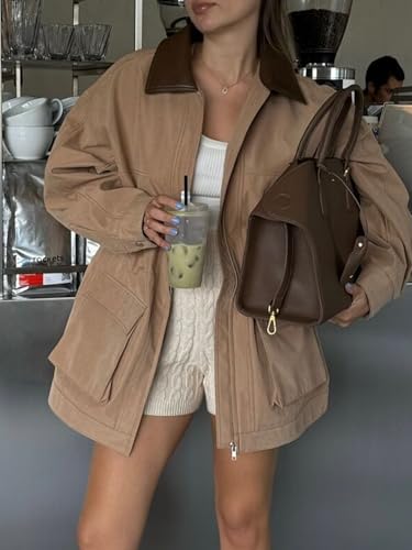 Women's Barn Jacket Faux Suede Leather Jackets Oversized Casual Adjustable Waist Coat with Pockets 6