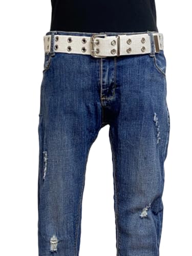 Women's & Men's Double Grommet Canvas Genuine Leather Web Eyelet Belt, 2 Hole Jeans Belt2