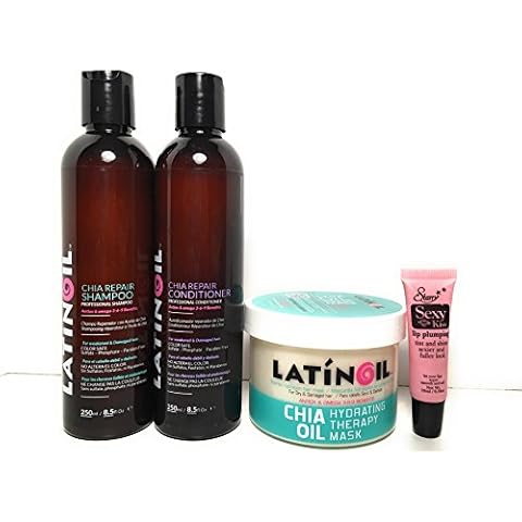 Latinoil Chia Seed Oil Shampoo 8.5 oz, Conditioner 8.5 oz & Hydrating Therapy Mask 8.5 oz Set - Free Starry Sexy Lip Gloss 10ml Cover