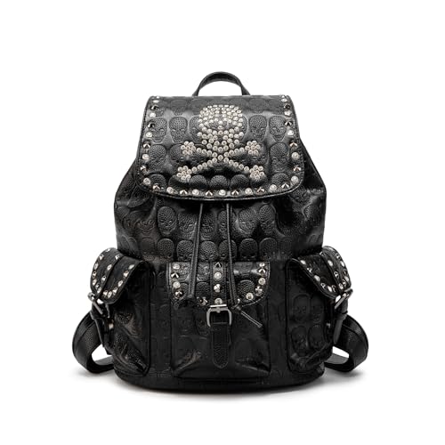 SV SENVAN Gothic Backpack for Women & Men - 3D Skull Embossed Leather Rhinestone Studded Flap Multi-Pocket Daypack Festival Bag Punk Rock Alternative Style