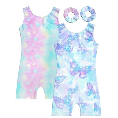 MOLLDAN Gymnastics Leotard for Girls Dance Biketard Unitards 2 Pack Tumbling Outfits for Kids 2pcs Colorful Star & Blue Butterfly 9-10 Years