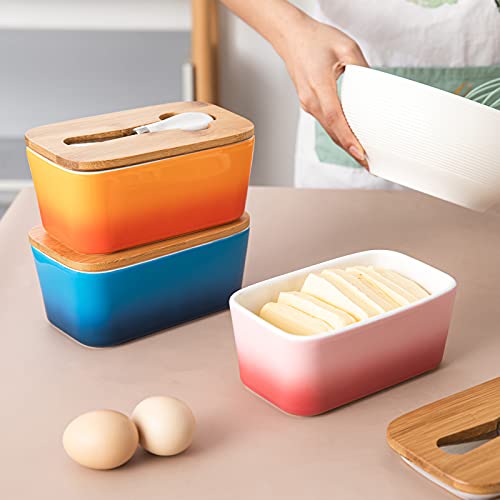 Porcelain Butter Dish With Wooden Lid, Candiicap Airtight Butter Keeper For Countertop, Large Butter Holder For East West Coast Butter(Tropical Orange) #TOP4