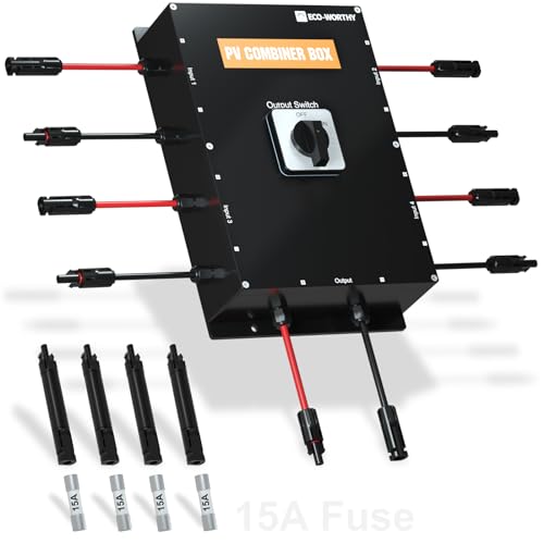 ECO-WORTHY Solar Combiner Box, 4 String PV Combiner Box with 10A in-line Fuse IP67 for On/Off Grid Solar Panel Systems RV(Maximum Support for 400W Systems) 10A Fuse