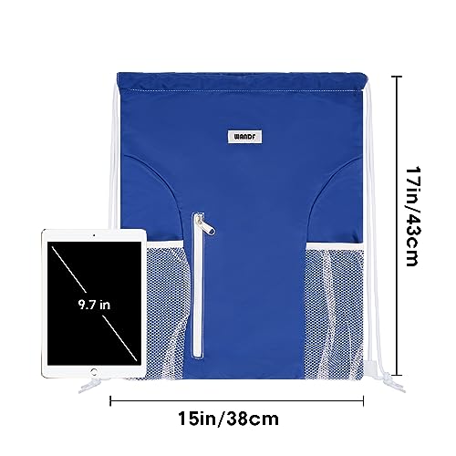 Image of WANDF Drawstring Backpack Sports Gym Sackpack with Mesh Pockets Water Resistant String Bag for Women Men (Navy Blue)